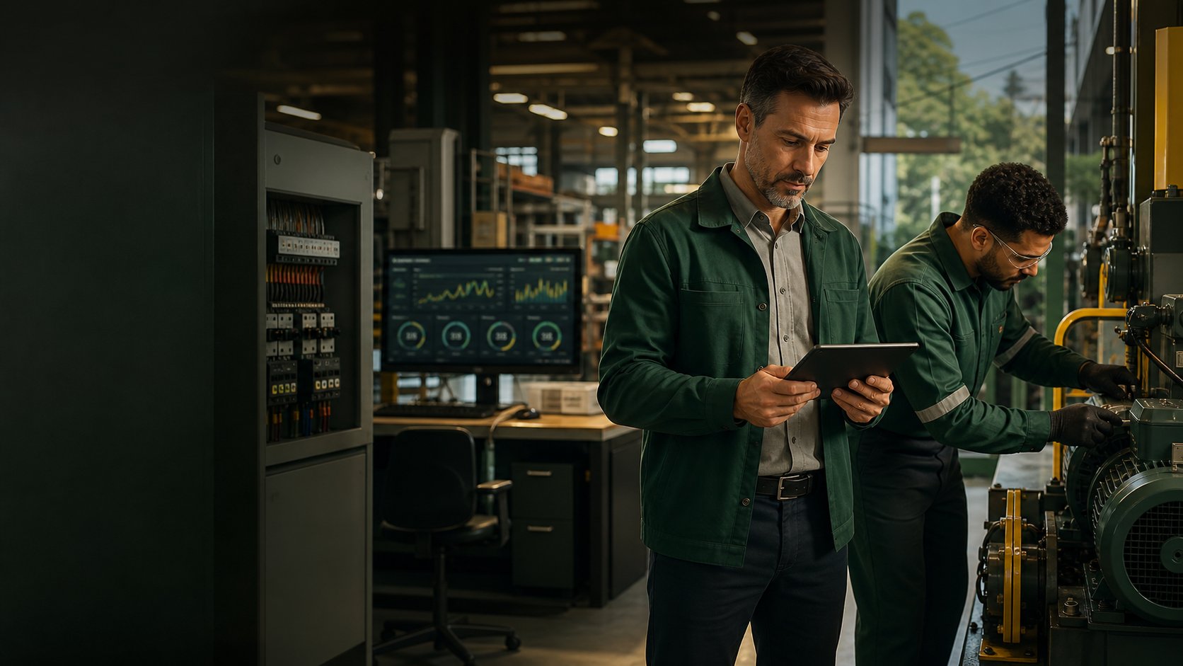 Gestor acompanhando dados de energia enquanto técnico realiza manutenção em equipamento industrial